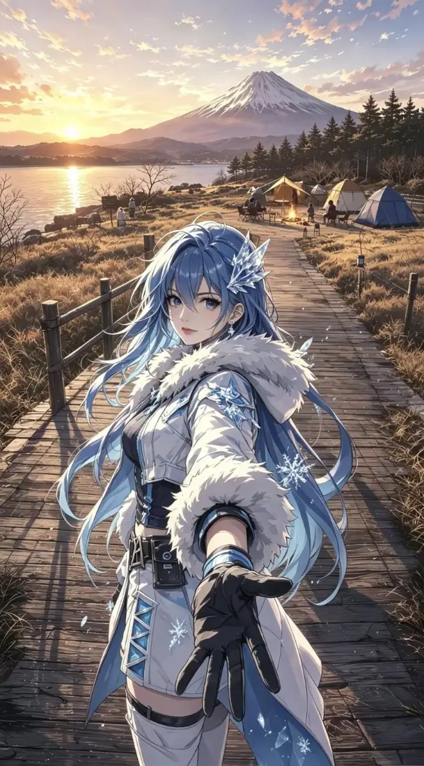 零度蓝发少女手机壁纸｜富士山日落湖泊背景图片 - 露营栈道「哲风壁纸」