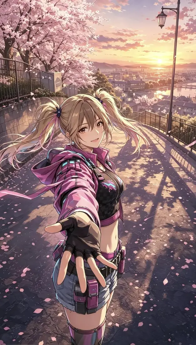 双马尾少女手机壁纸｜樱花黄昏街道背景图片 - 二次元酷妹「哲风壁纸」