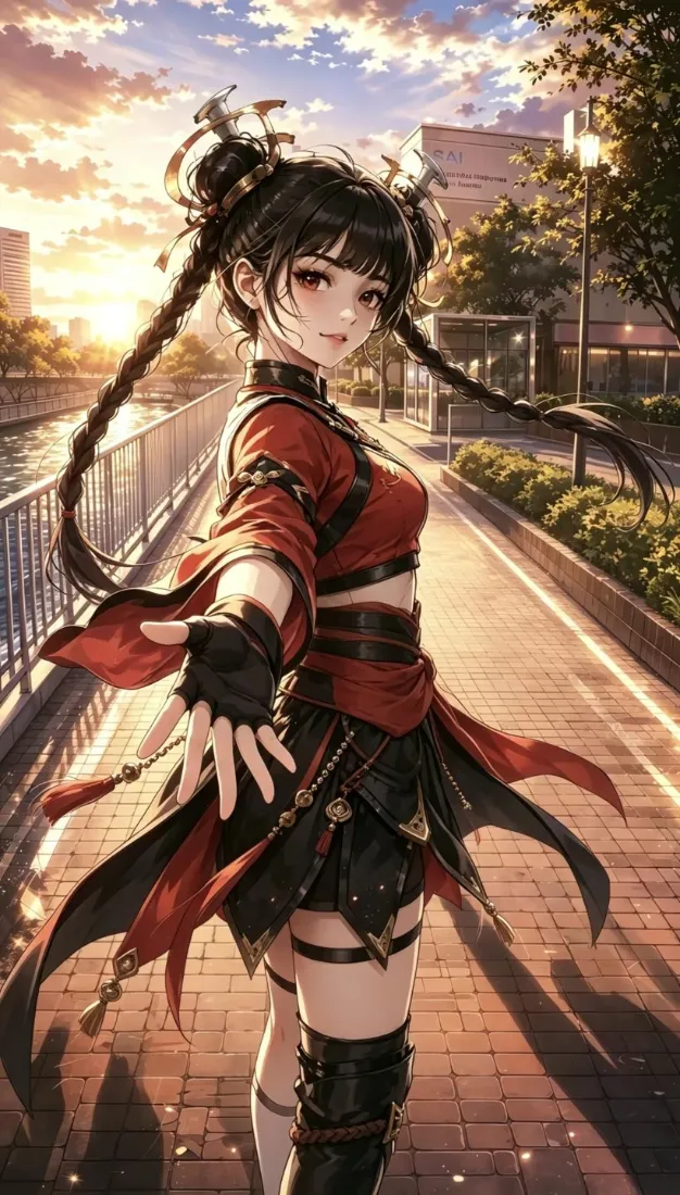 天籁手机壁纸｜黄昏城市背景图片 - 国风双麻花辫少女「哲风壁纸」