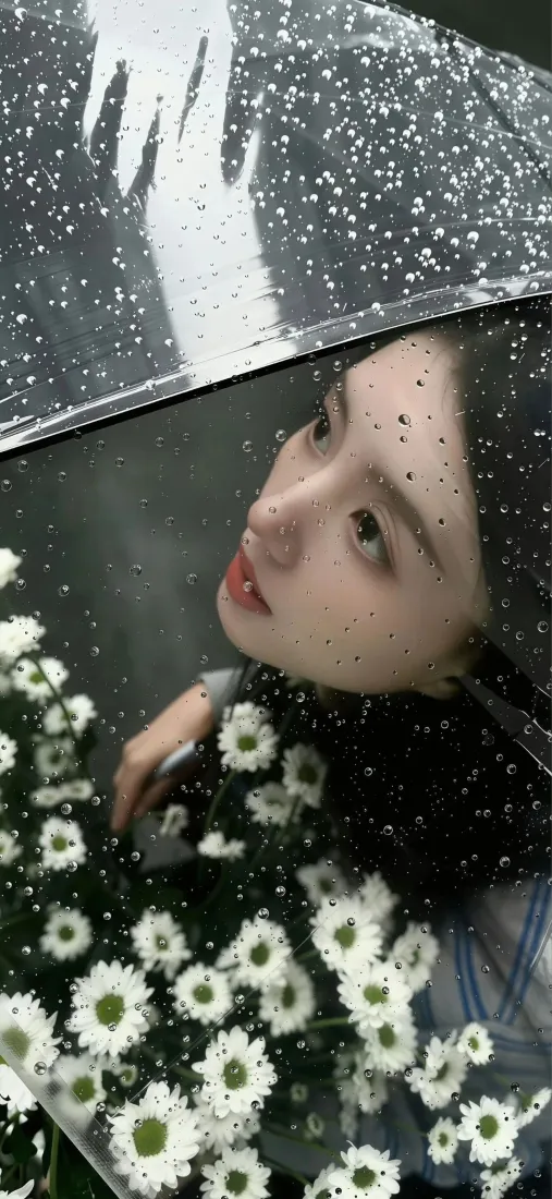 美女手机壁纸｜透明雨伞雏菊背景图片 - 雨天氛围感写真「哲风壁纸」