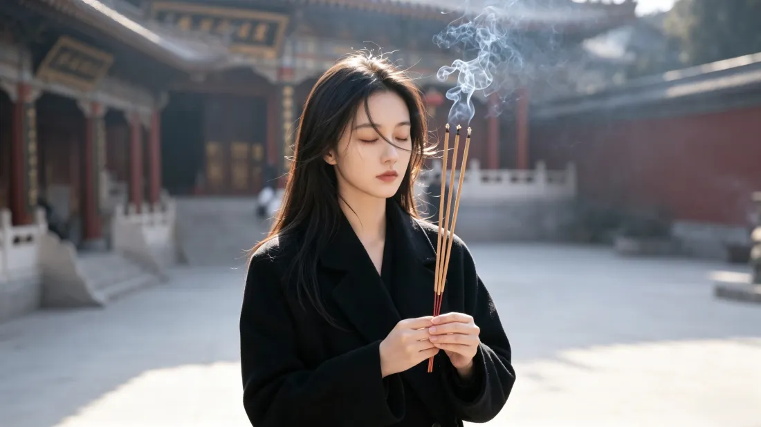 3k寺庙祈福少女壁纸｜清冷氛围感背景图片 - 寺院焚香「哲风壁纸」