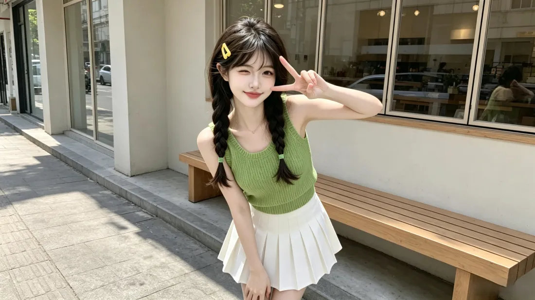 3k麻花辫少女壁纸｜街边长椅背景图片 - 夏日清新甜美穿搭「哲风壁纸」