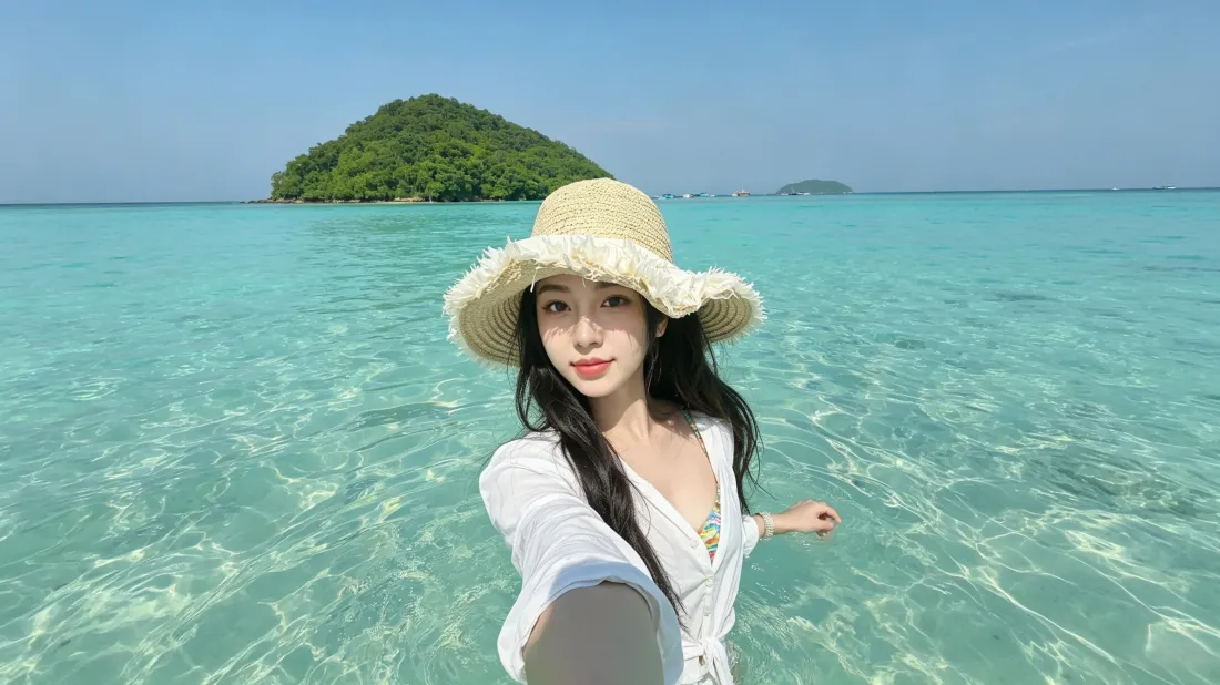 3k海边美女壁纸｜碧蓝海水背景图片 - 草帽穿搭夏日度假风「哲风壁纸」