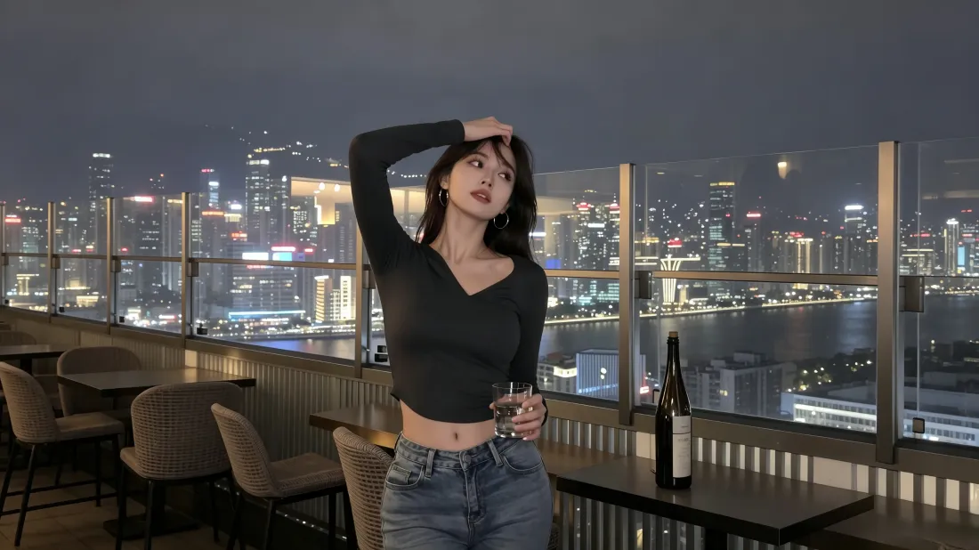 3k氛围感美女壁纸｜城市夜景背景图片 - 露台时尚写真「哲风壁纸」