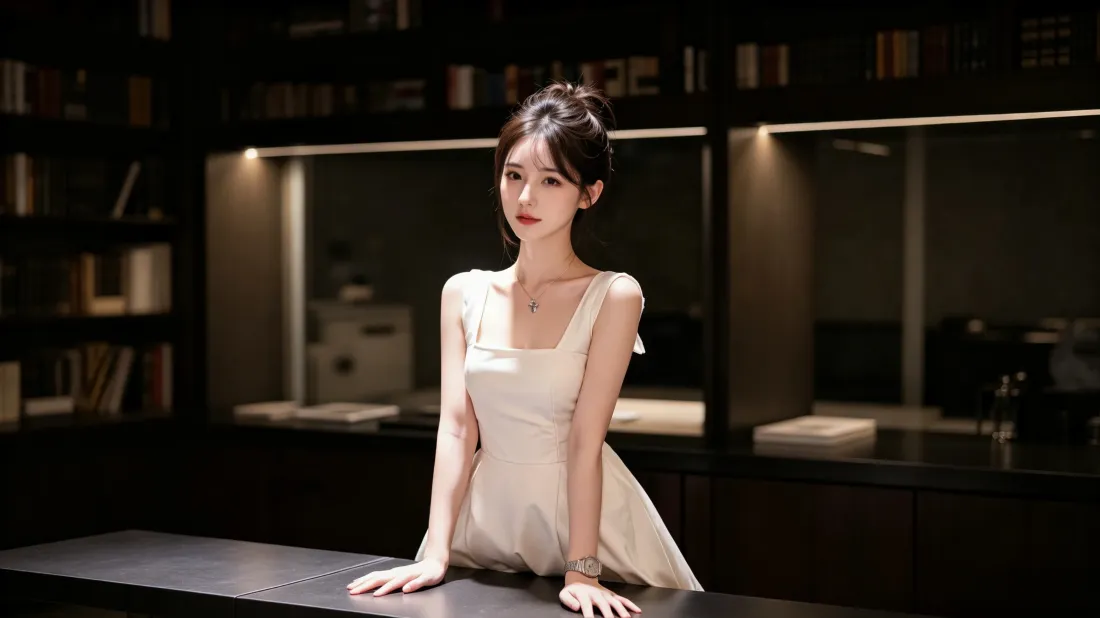 3k精致气质美女壁纸｜室内暖光背景图片 - 优雅白裙穿搭「哲风壁纸」