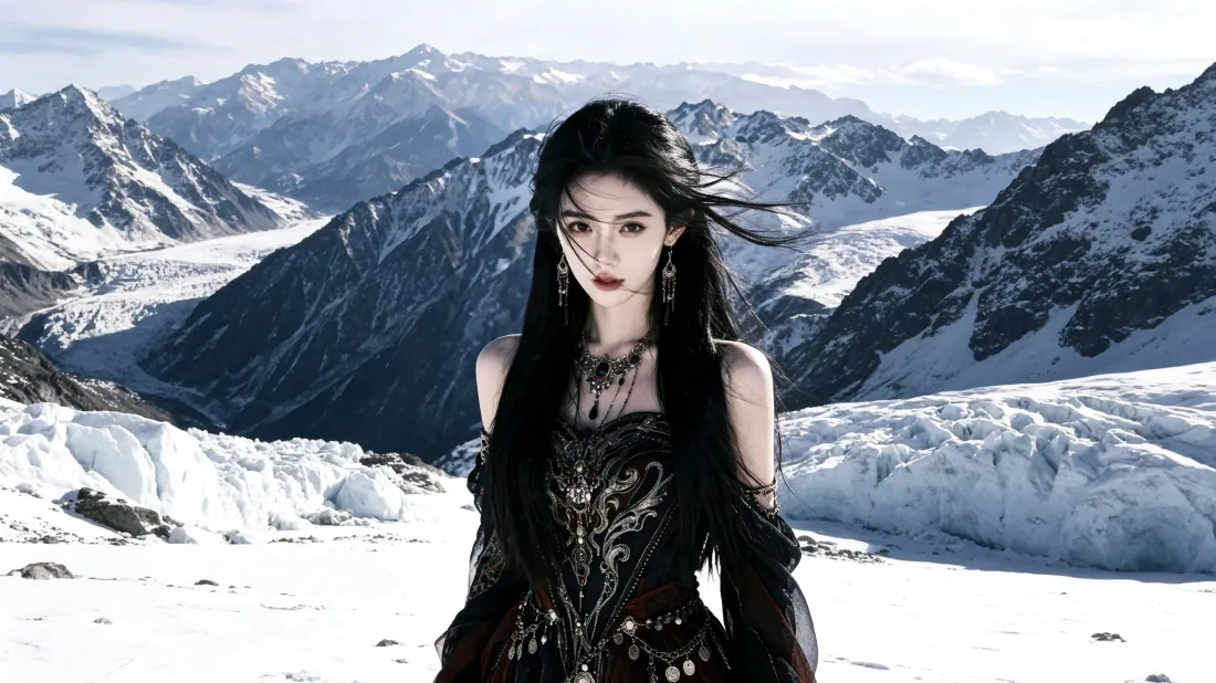 3k冷艳暗黑美女壁纸｜雪山背景图片 - 氛围感户外写真「哲风壁纸」