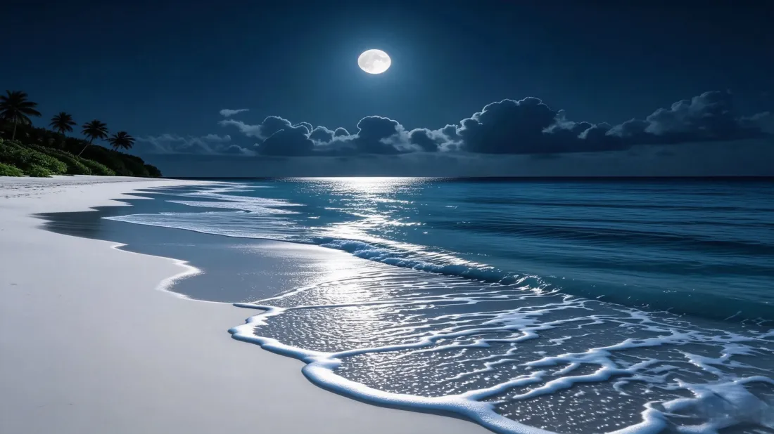 3k月夜海滩壁纸｜海边沙滩背景图片 - 静谧治愈风景「哲风壁纸」