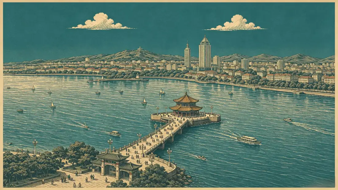 3k青岛栈桥壁纸｜海滨城市背景图片 - 复古风景插画「哲风壁纸」