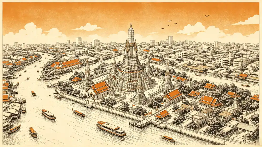 3k郑王庙壁纸｜曼谷湄南河城市风光背景图片 - 复古插画「哲风壁纸」