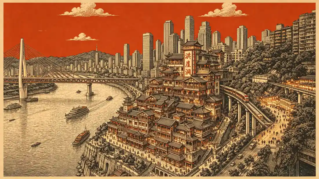 3k重庆洪崖洞壁纸｜国潮城市江景背景图片 - 复古手绘风光「哲风壁纸」