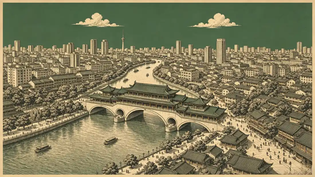 3k复古城市风光壁纸｜河流石桥背景图片 - 城市天际线「哲风壁纸」