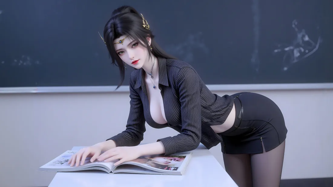 8k玄衣壁纸｜教室讲台背景图片 - 斗破苍穹黑丝制服御姐「哲风壁纸」