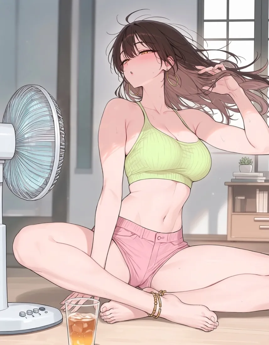 动漫美女手机壁纸｜夏日居家休闲背景图片 - 吹风扇清凉少女「哲风壁纸」