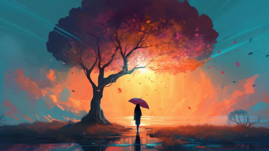 4k黄昏风景壁纸｜撑伞人影大树背景图片 - 治愈暖调插画「哲风壁纸」
