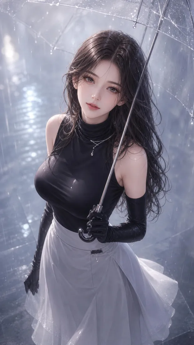 持剑二次元御姐手机壁纸｜雨天水面背景图片 - 清冷黑长直美女「哲风壁纸」