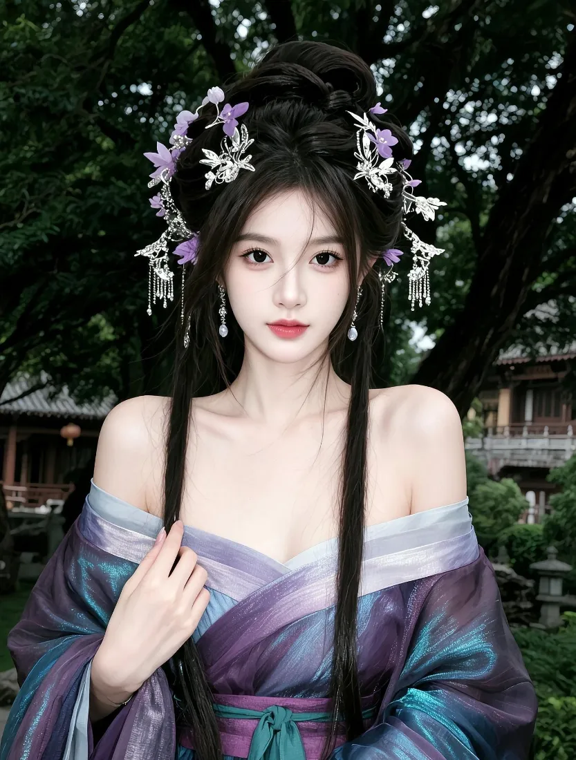汉服美女手机壁纸｜古风园林背景图片 - 仙气露肩古装造型「哲风壁纸」