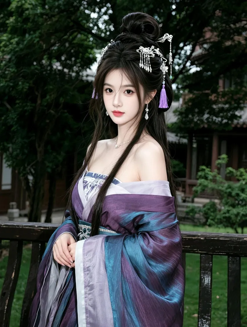 古风汉服美女手机壁纸｜紫调露肩古装背景图片 - 户外园林「哲风壁纸」