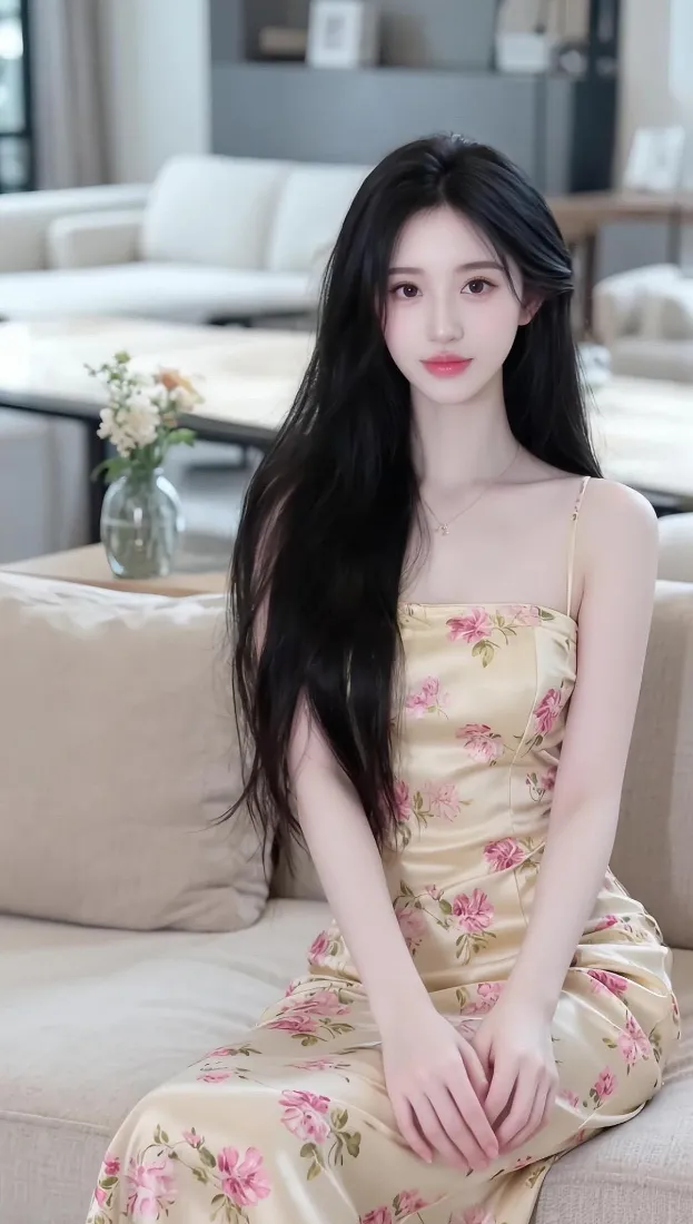 长发美女手机壁纸｜居家碎花裙背景图片 - 气质好看写真「哲风壁纸」
