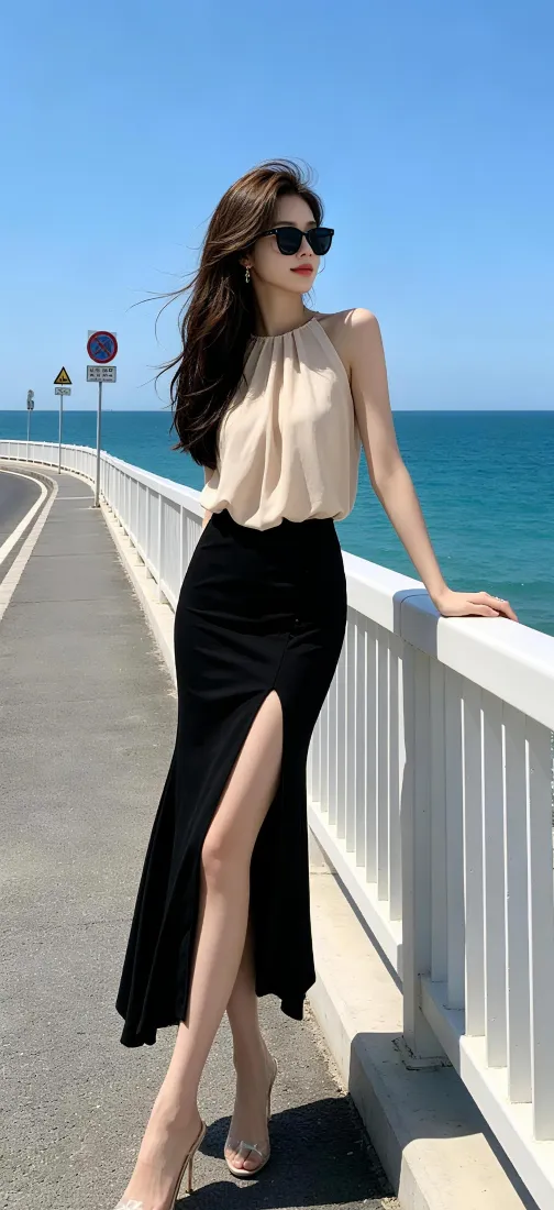气质美女手机壁纸｜海边公路背景图片 - 时尚夏日穿搭「哲风壁纸」