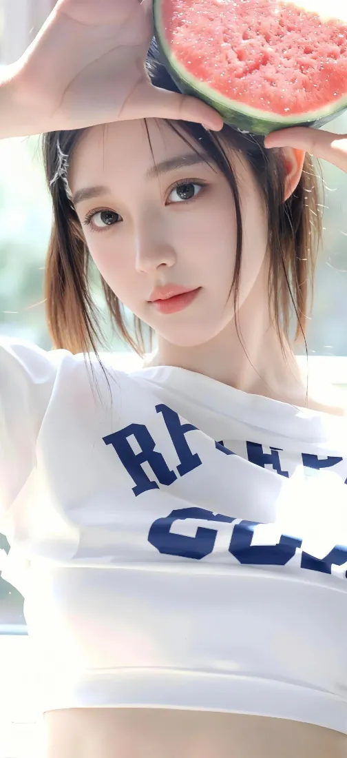 甜美少女手机壁纸｜夏日西瓜背景图片 - 清新好看人像「哲风壁纸」