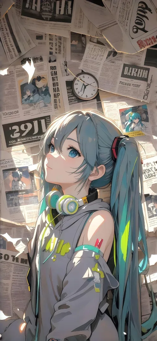 初音未来手机壁纸｜复古报纸墙背景图片 - 蓝发耳机二次元少女「哲风壁纸」