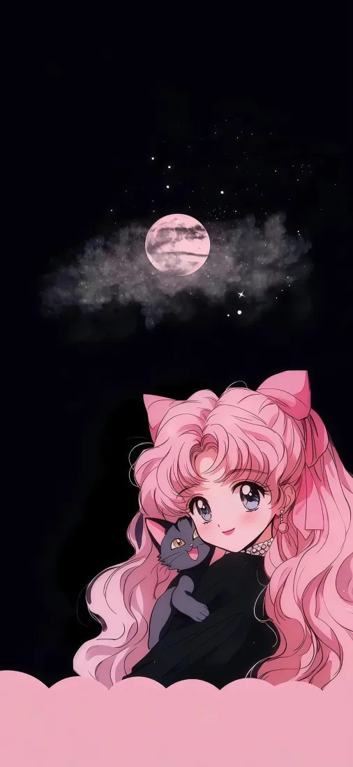小小兔手机壁纸｜星空月亮背景图片 - 粉色卷发可爱少女「哲风壁纸」