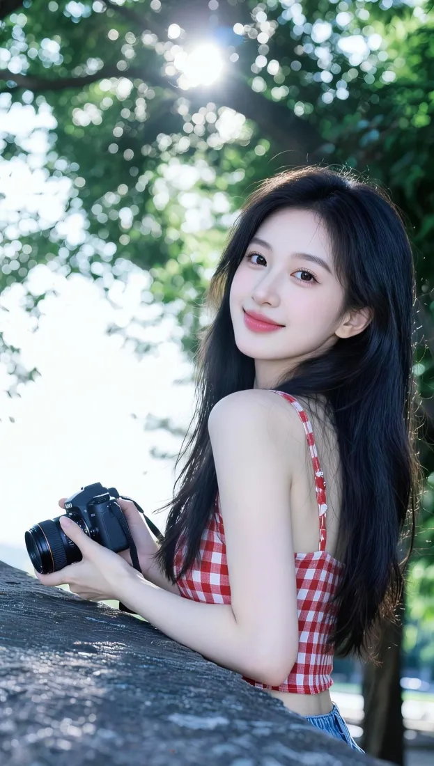 清纯甜美少女手机壁纸｜户外树荫背景图片 - 持相机拍照「哲风壁纸」