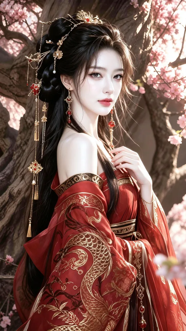 红衣古风美人手机壁纸｜桃花树下背景图片 - 精致汉服人像「哲风壁纸」