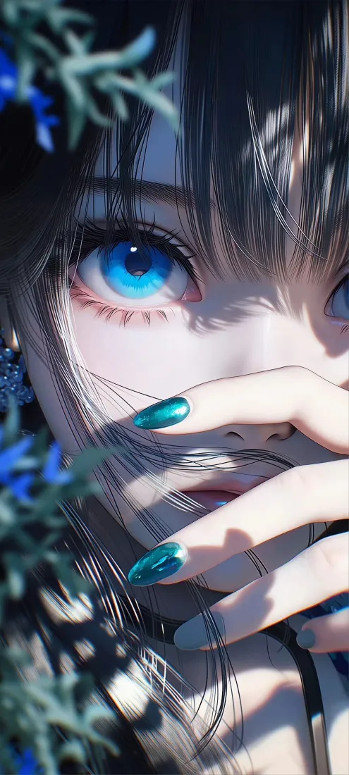 二次元少女手机壁纸｜蓝瞳美甲背景图片 - 清冷日系插画「哲风壁纸」
