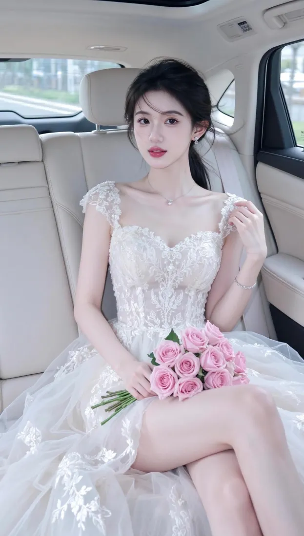 婚纱美女手机壁纸｜车内捧花背景图片 - 氛围感白纱写真「哲风壁纸」