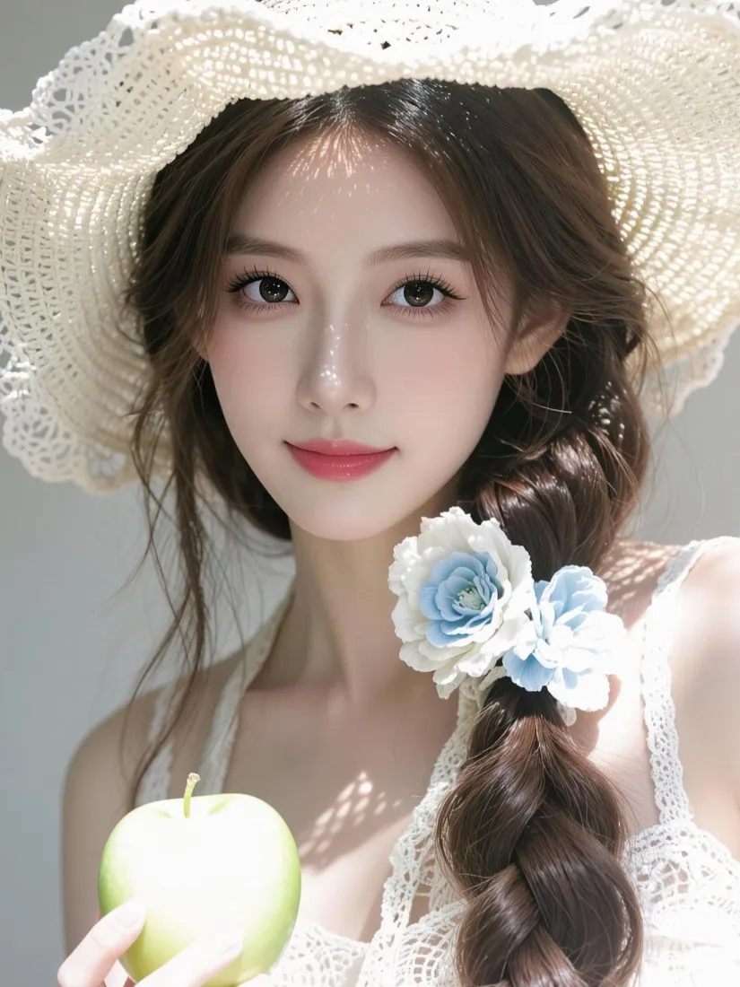 清纯美女手机壁纸｜草帽青苹果背景图片 - 夏日清新好看「哲风壁纸」