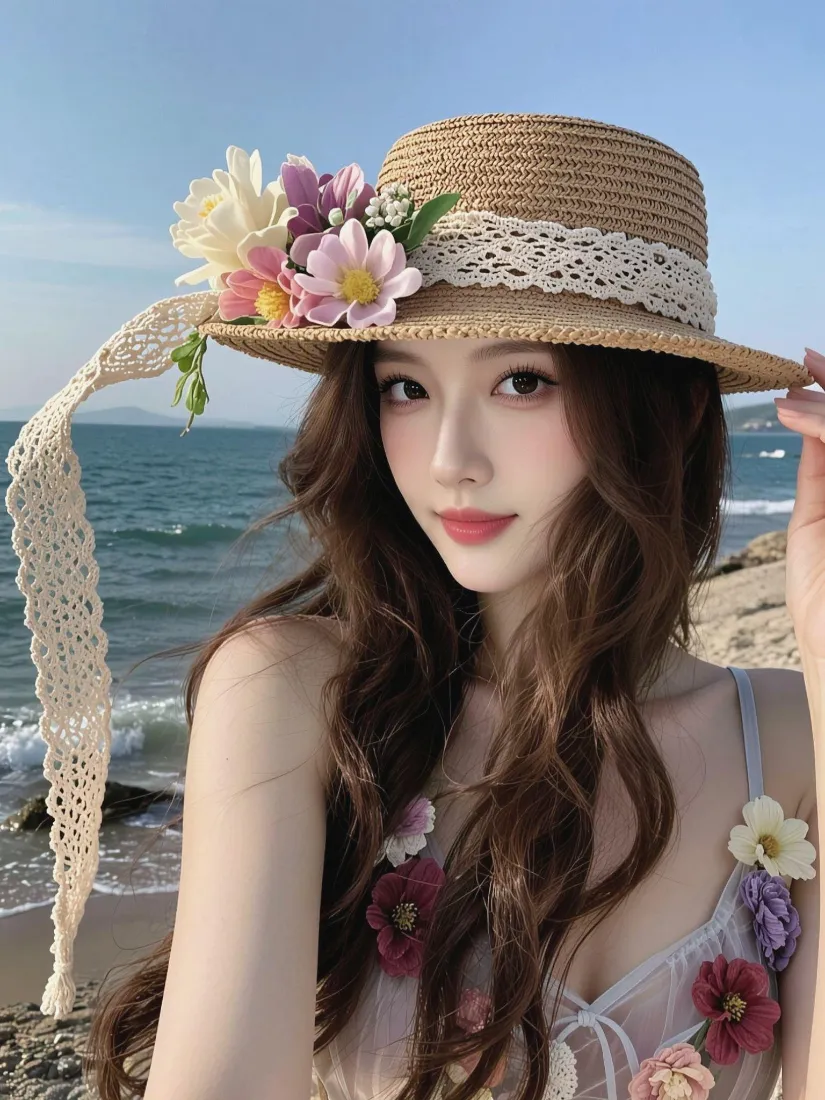 鲜花草帽美女手机壁纸｜海边沙滩背景图片 - 夏日清新好看写真「哲风壁纸」