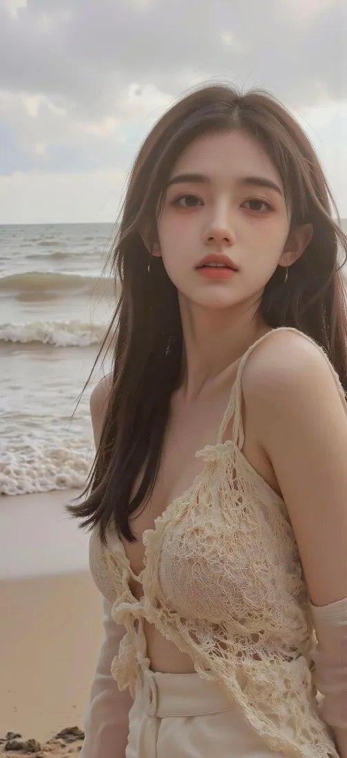 长发美女手机壁纸｜海边沙滩背景图片 - 温柔氛围感穿搭「哲风壁纸」