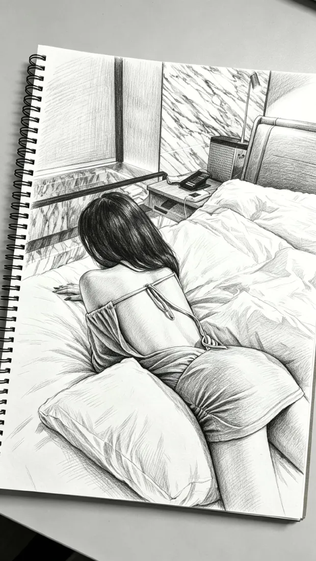 素描美女手机壁纸｜居家卧室背景图片 - 露背长发手机「哲风壁纸」