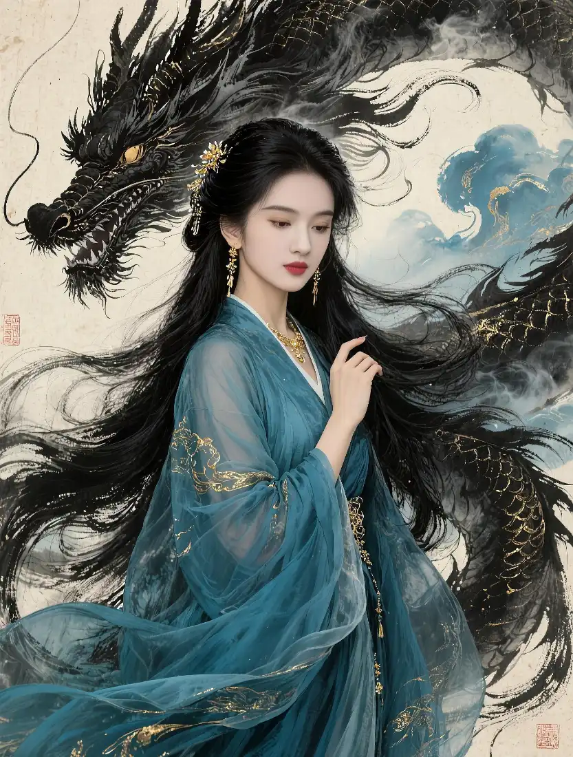 古风蓝衣女子手机壁纸｜水墨黑龙背景图片 - 国风手绘插画「哲风壁纸」