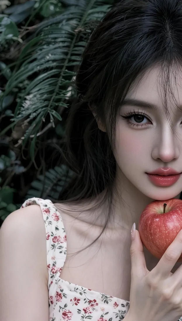 清纯美女手机壁纸｜户外绿植背景图片 - 手持红苹果「哲风壁纸」