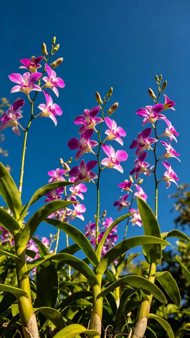 紫茵石斛兰手机壁纸｜晴朗蓝天背景图片 - 紫色鲜花清新自然「哲风壁纸」