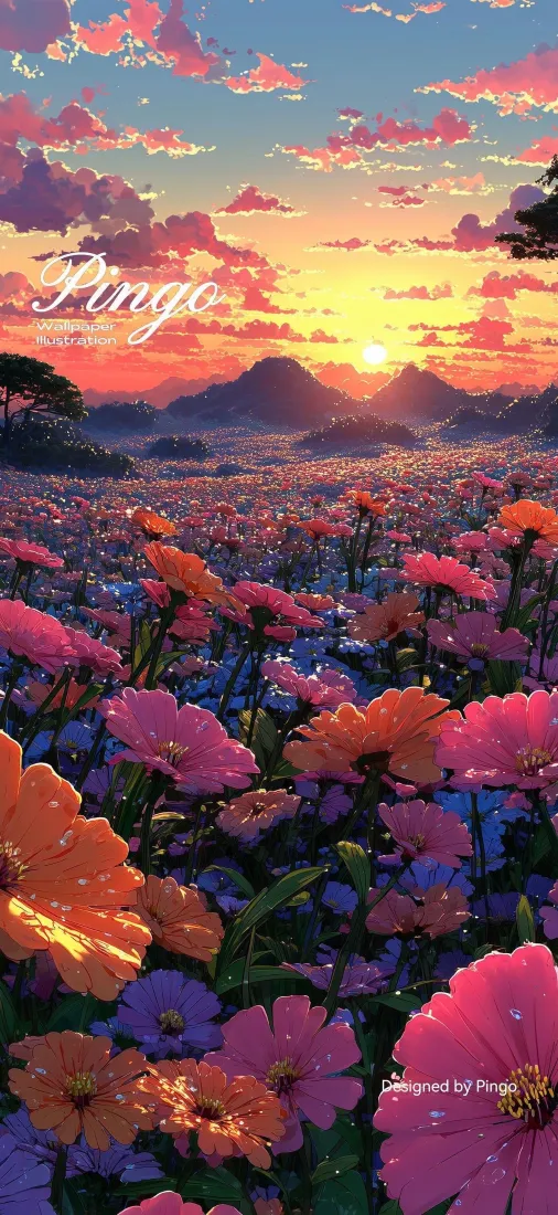 漫山花海手机壁纸｜日落云霞远山背景图片 - 治愈自然风光「哲风壁纸」