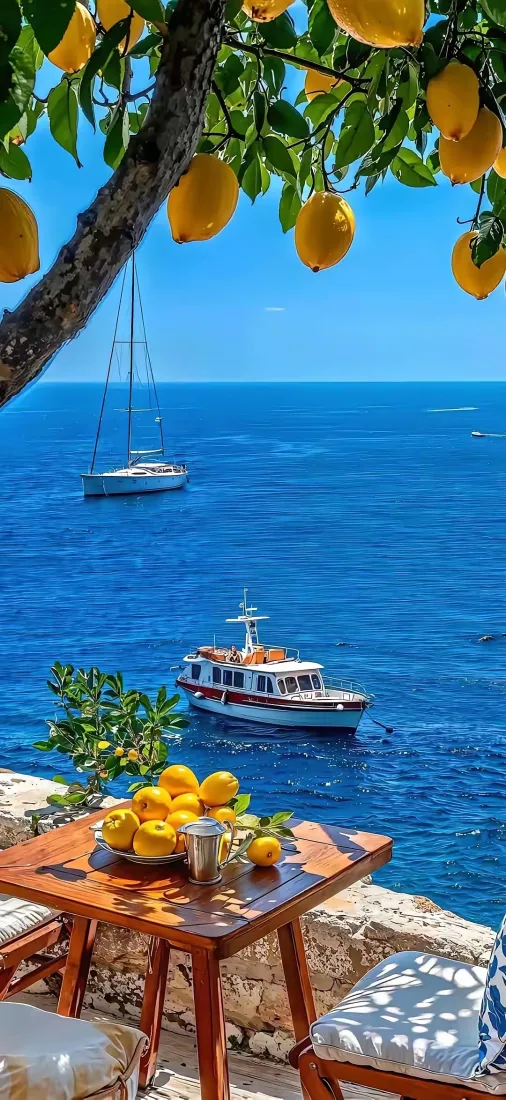 柠檬海景手机壁纸｜滨海露台背景图片 - 治愈度假风景「哲风壁纸」