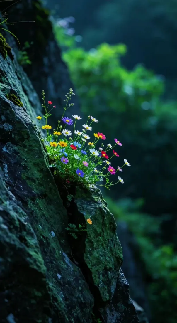 岩缝野花手机壁纸｜清新森林背景图片 - 治愈自然小景「哲风壁纸」