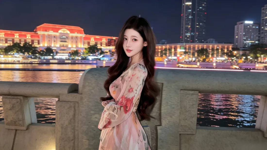 3k长发美女壁纸｜江边夜景背景图片 - 粉色碎花裙穿搭「哲风壁纸」