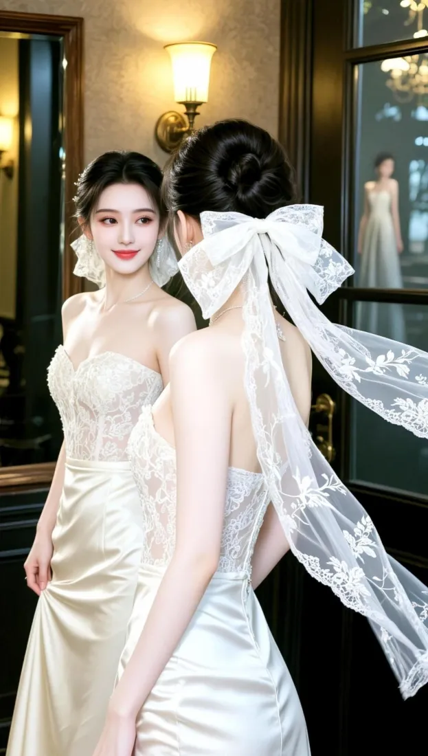 新娘婚纱手机壁纸｜室内镜子背景图片 - 蝴蝶结头纱造型「哲风壁纸」