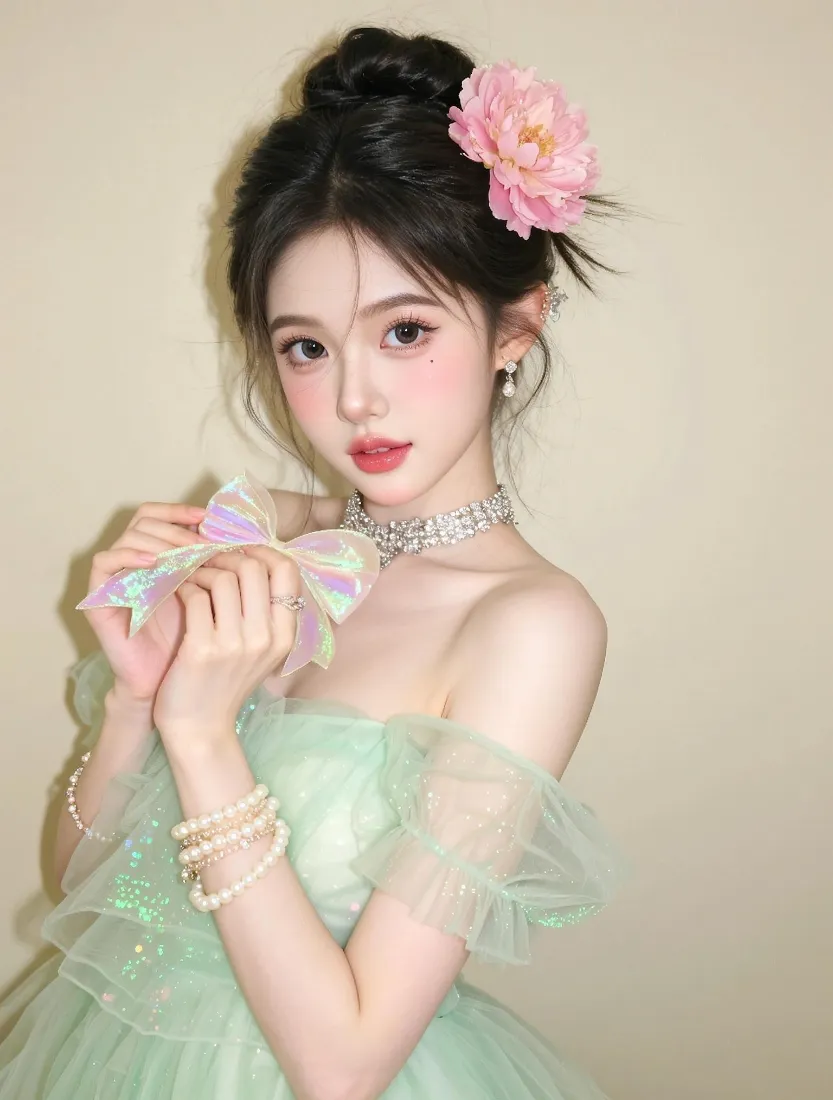 精灵耳美女手机壁纸｜浅绿色纱裙背景图片 - 花朵装饰写真「哲风壁纸」