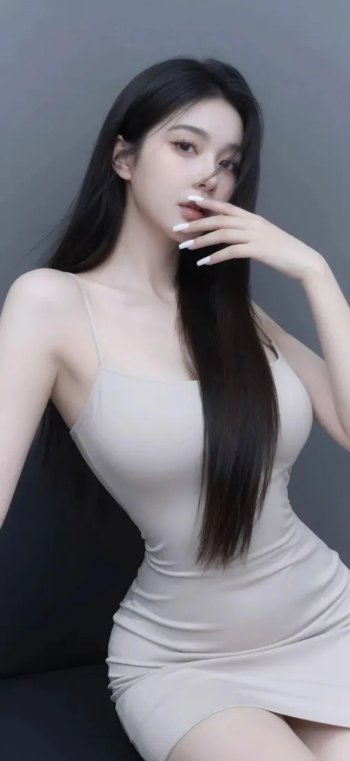 气质美女手机壁纸｜浅灰简约背景图片 - 白裙黑长直造型「哲风壁纸」