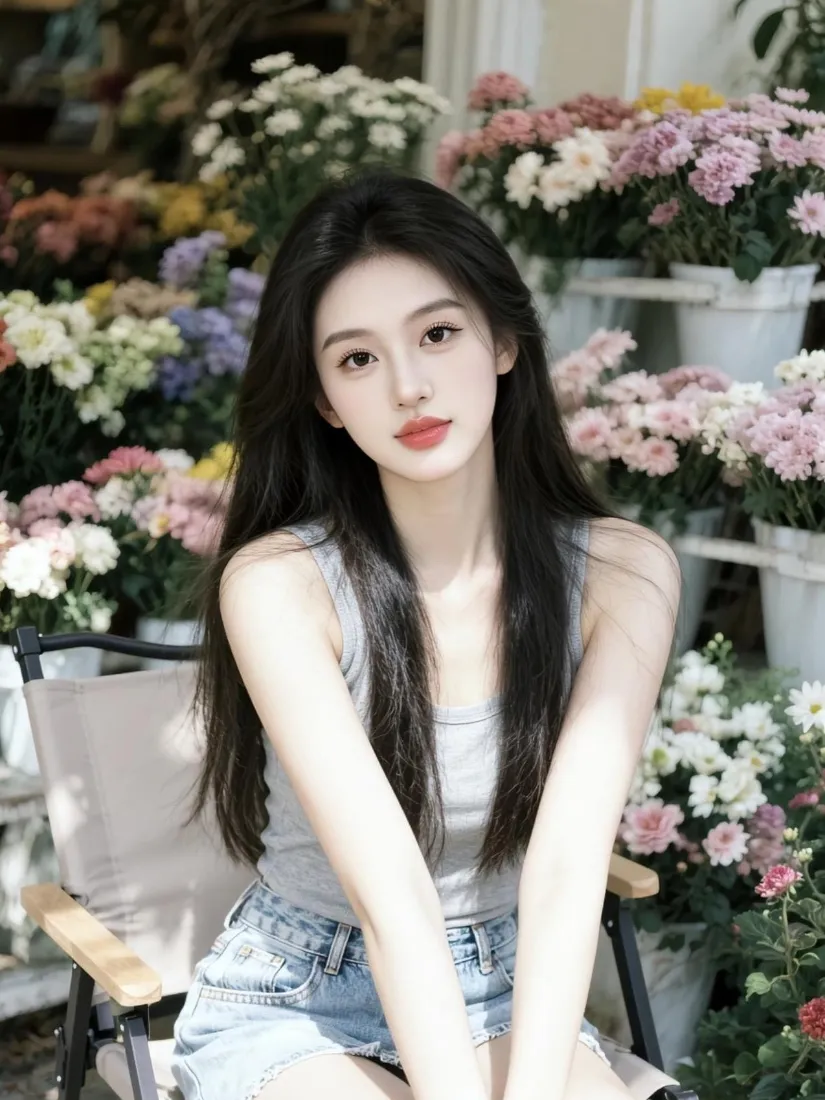 长发美女手机壁纸｜鲜花花丛背景图片 - 清新氛围感人像「哲风壁纸」
