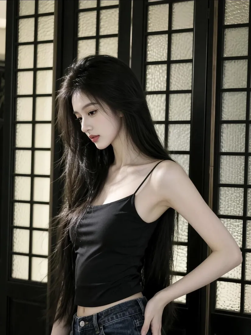 长发美女手机壁纸｜黑色吊带侧颜背景图片 - 日式格子门写真「哲风壁纸」
