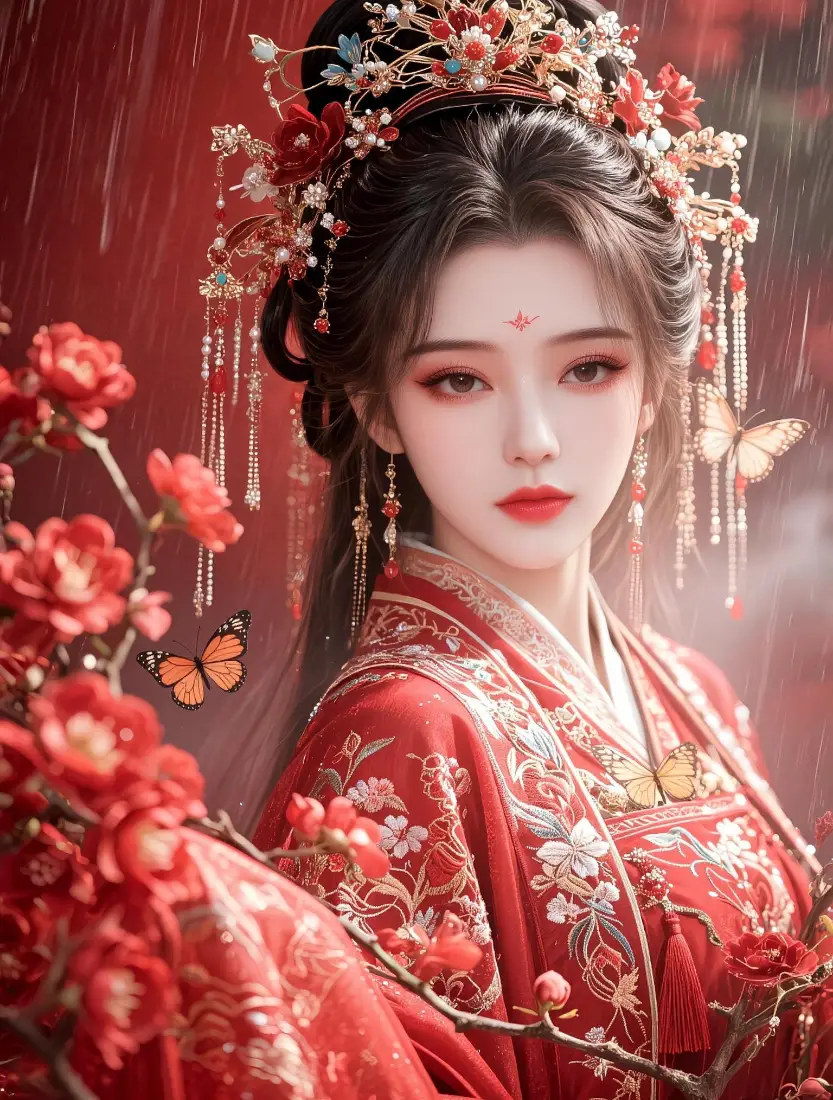 古风红衣汉服新娘手机壁纸｜红梅雨景背景图片 - 华丽古装婚服「哲风壁纸」