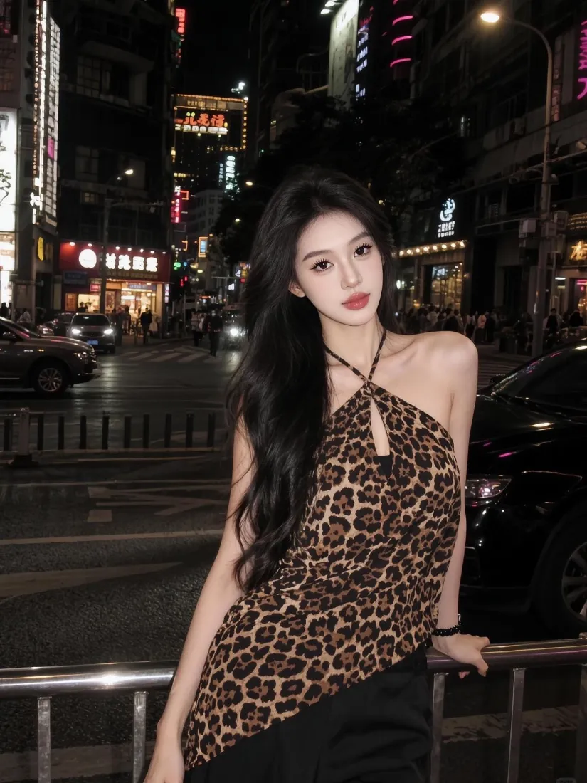 豹纹美女手机壁纸｜城市街景背景图片 - 氛围感夜景人像「哲风壁纸」