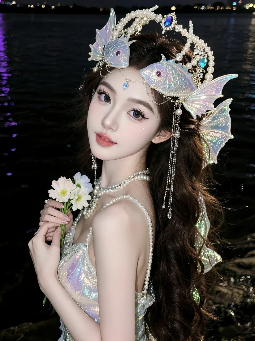 人鱼造型美女手机壁纸｜江边夜景背景图片 - 氛围感写真「哲风壁纸」
