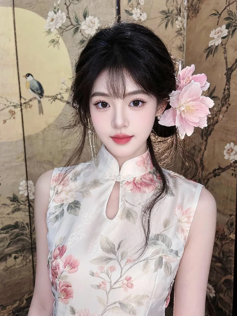旗袍美女手机壁纸｜中式花鸟屏风背景图片 - 温婉国风「哲风壁纸」